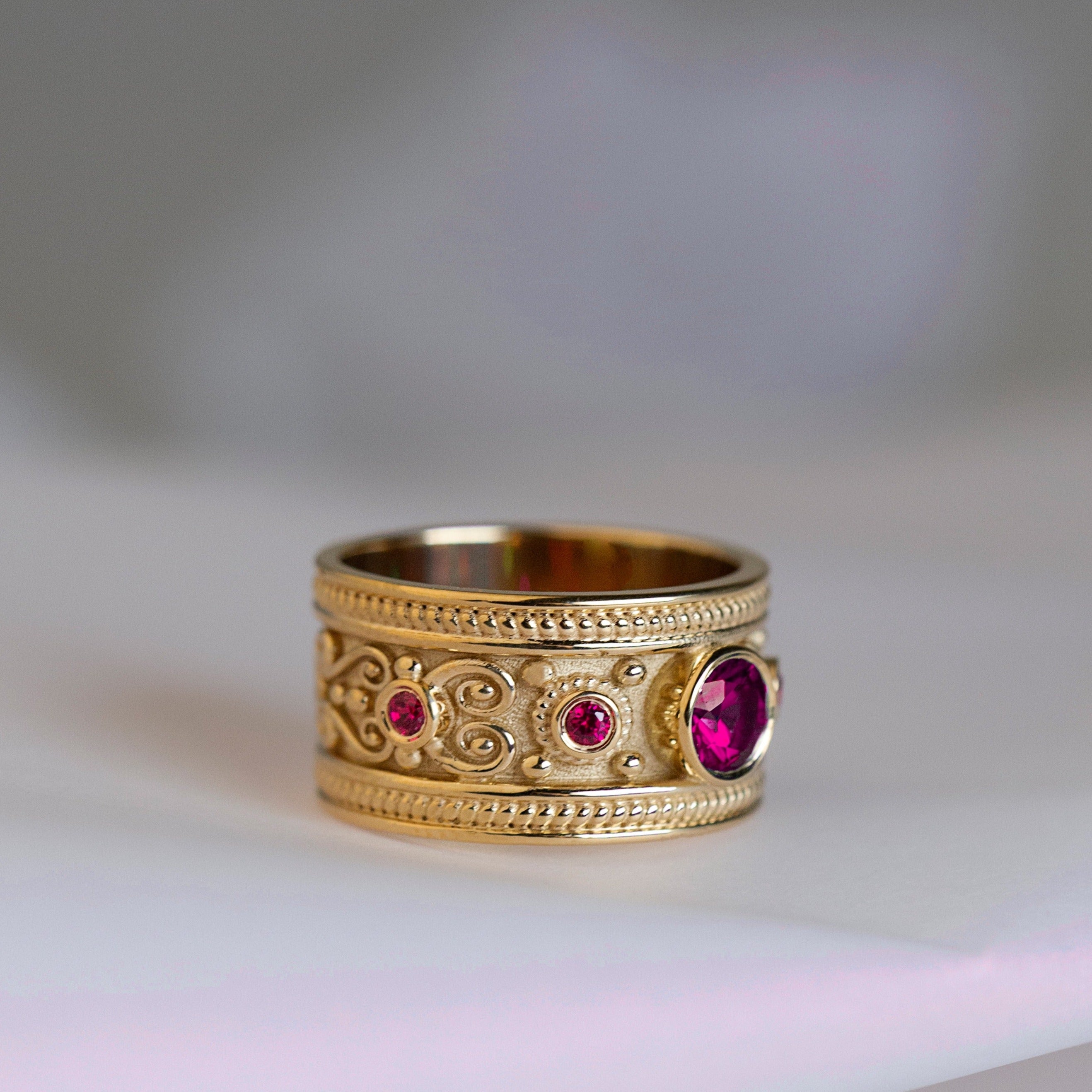 Red Ruby Gemstone Byzantine Gold Ring For Men/Women | Danelian Jewelry