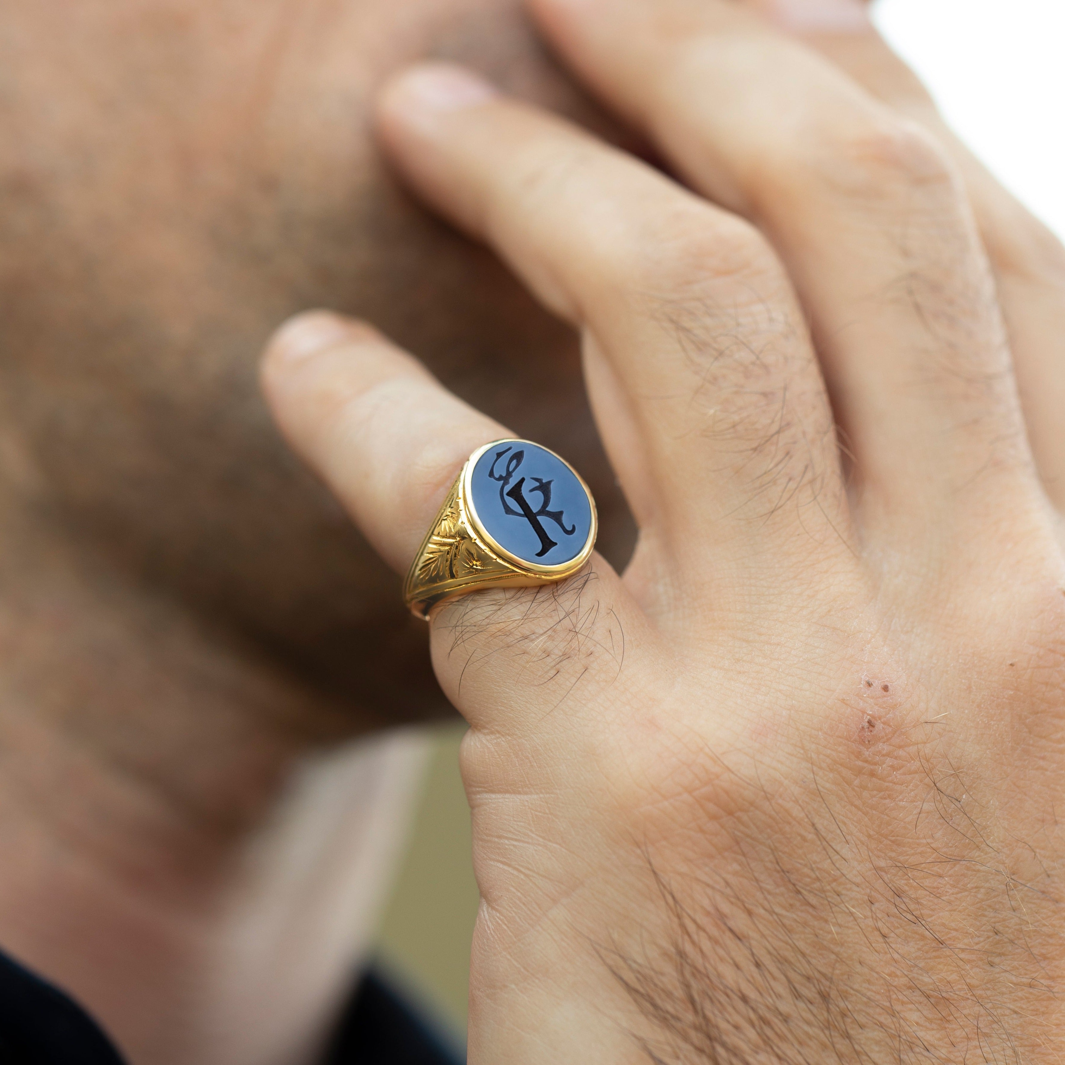 Blue Sardonyx Monogram Signet Ring For Men- Danelian Jewelry