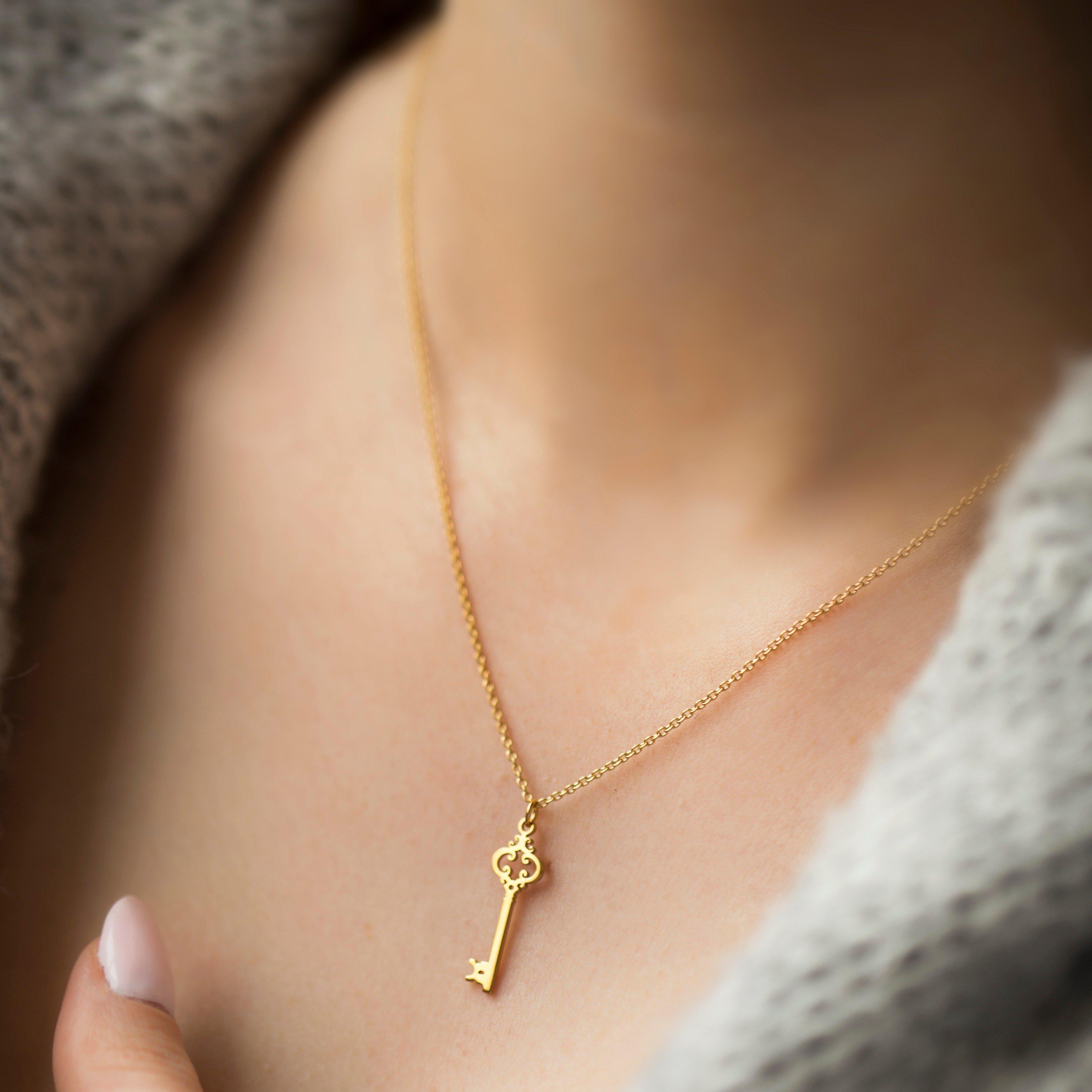 Victorian Key Charm/Pendant Gold Necklace, Women